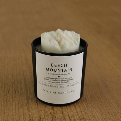 A white soy wax replica candle Beech Mountain in a round, black glass.