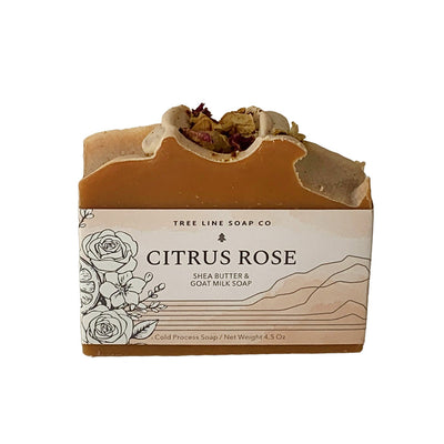 One bar of Citrus Rose soap in a white and light orange label.