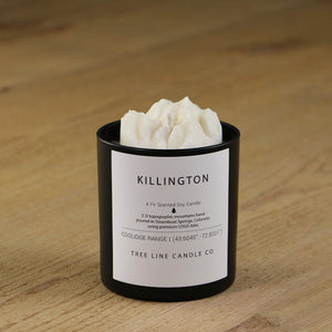  A white soy wax replica candle of Killington mountain in a round, black glass.