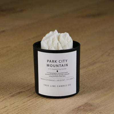  A white soy wax replica candle of Park City Mountain in a round, black glass.