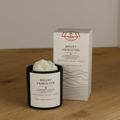A white wax candle named Mount Princeton is next to a white box with red and black lettering.