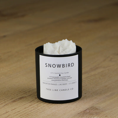 A white soy wax replica candle of Snowbird mountain in a round, black glass.