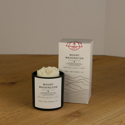 A white wax candle named Mount Washington is next to a white box with red and black lettering.