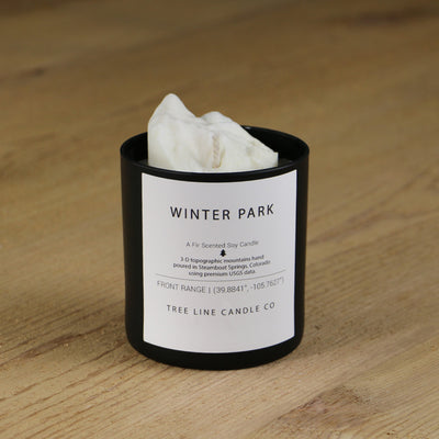 A white soy wax replica candle of Winter Park summit  in a round, black glass.